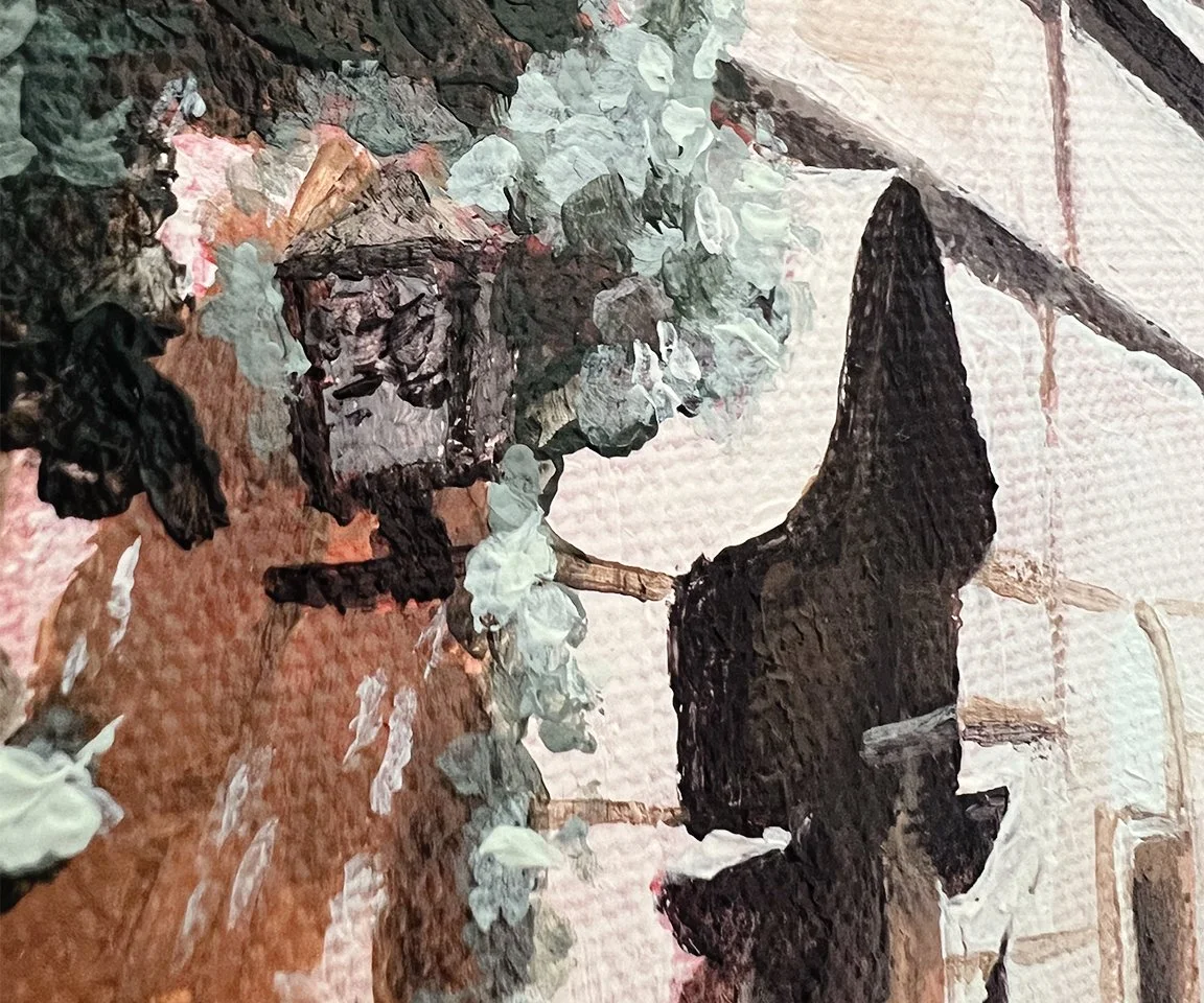 detail of lamp in greenery brushstrokes