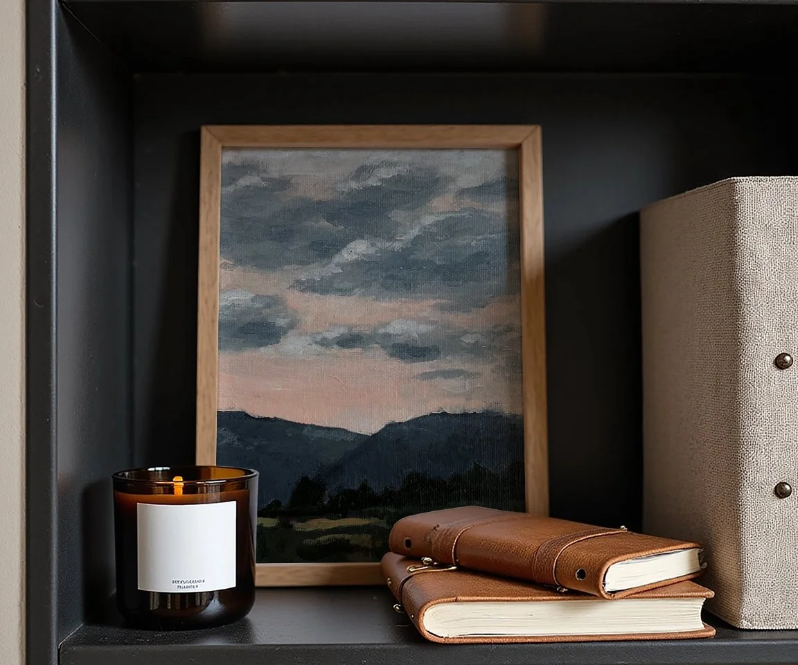 dark blue bookshelf with framed print of painting of pink sky with blue clouds over blue mountains and green field