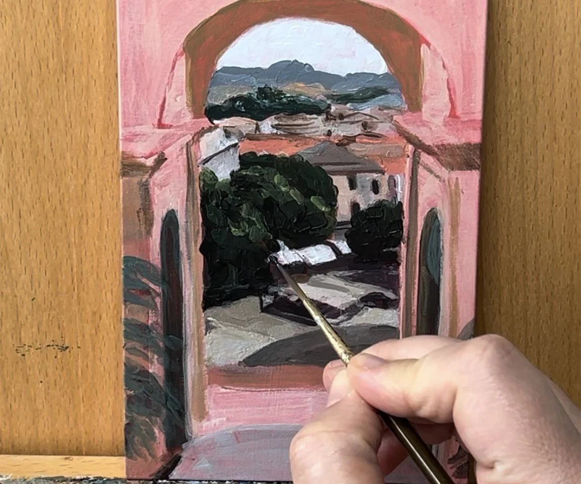 archway painting in progress on easel