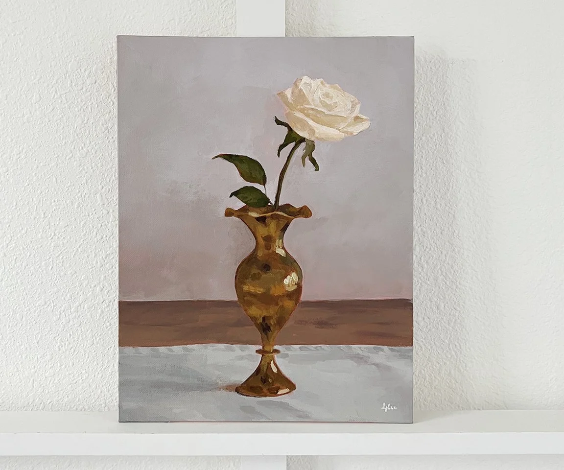 "Ivory Rose in Brass Bud Vase" Original Painting