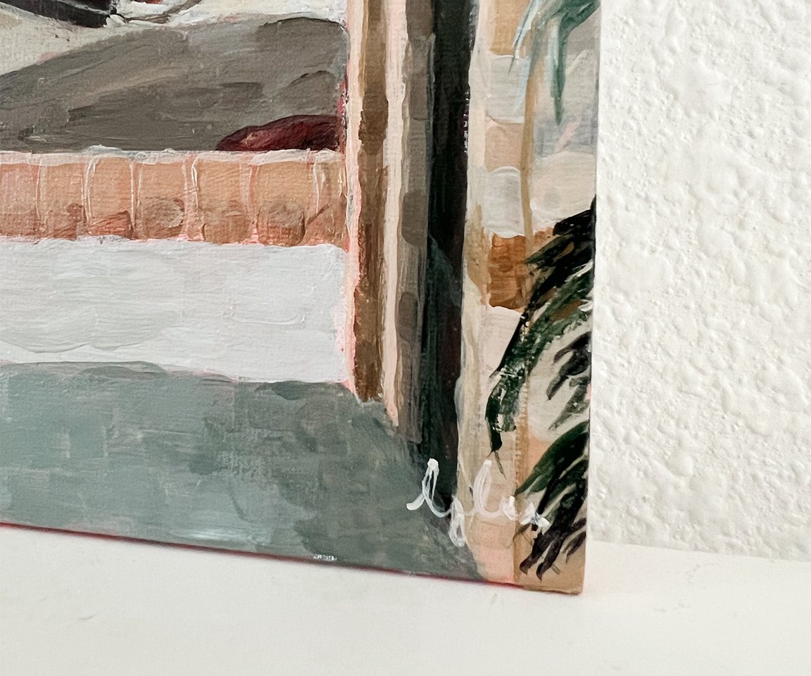 detail image of artist signature on green and pink