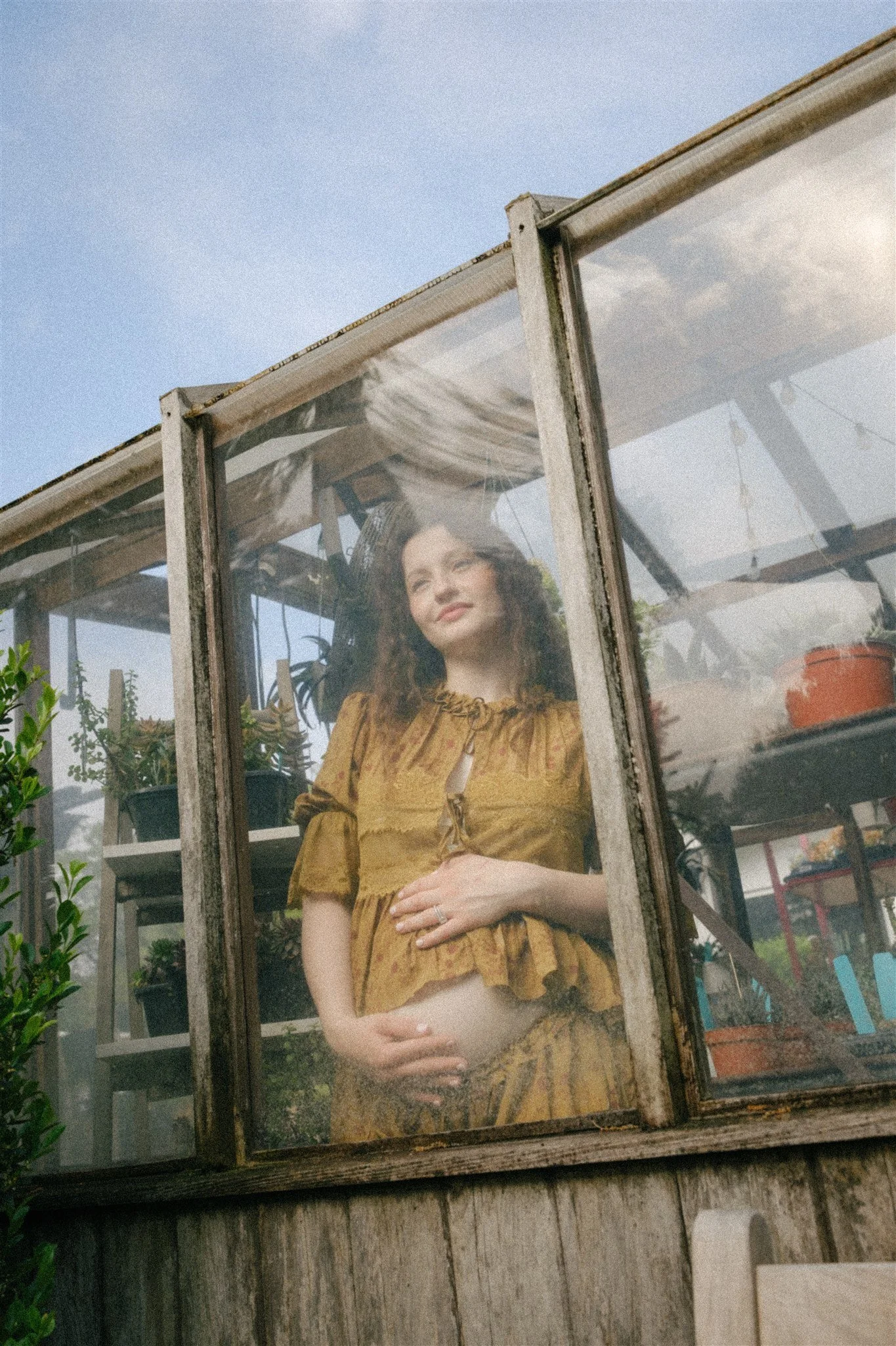  A woman looking out through the greenhouse. 