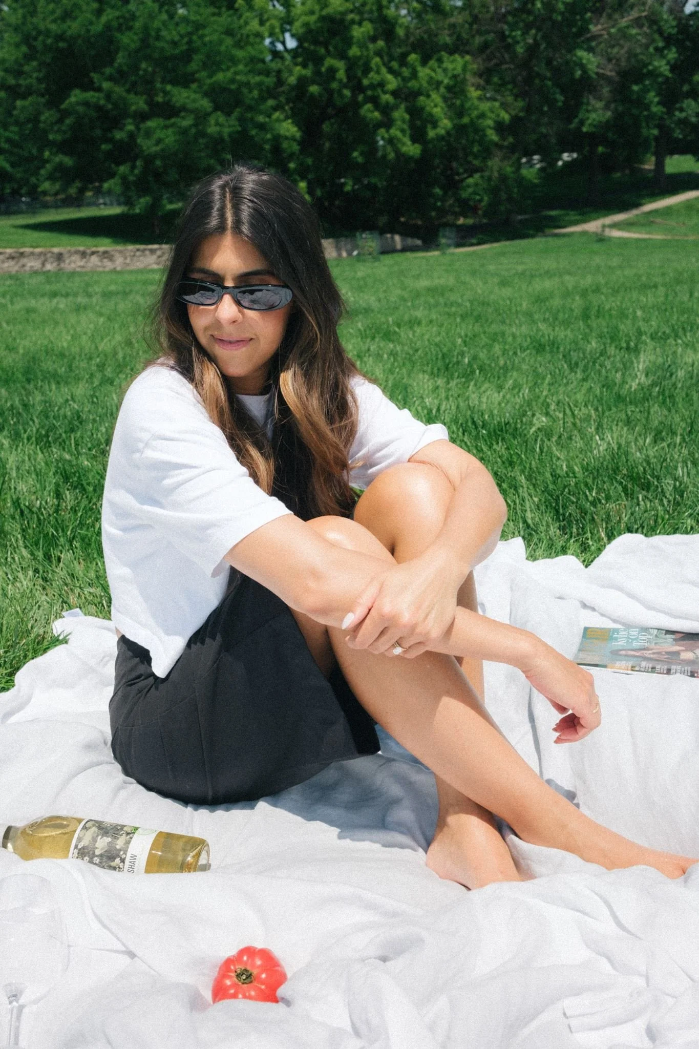  A woman sitting on a blanket in a park with photoshoot prop ideas around her. 