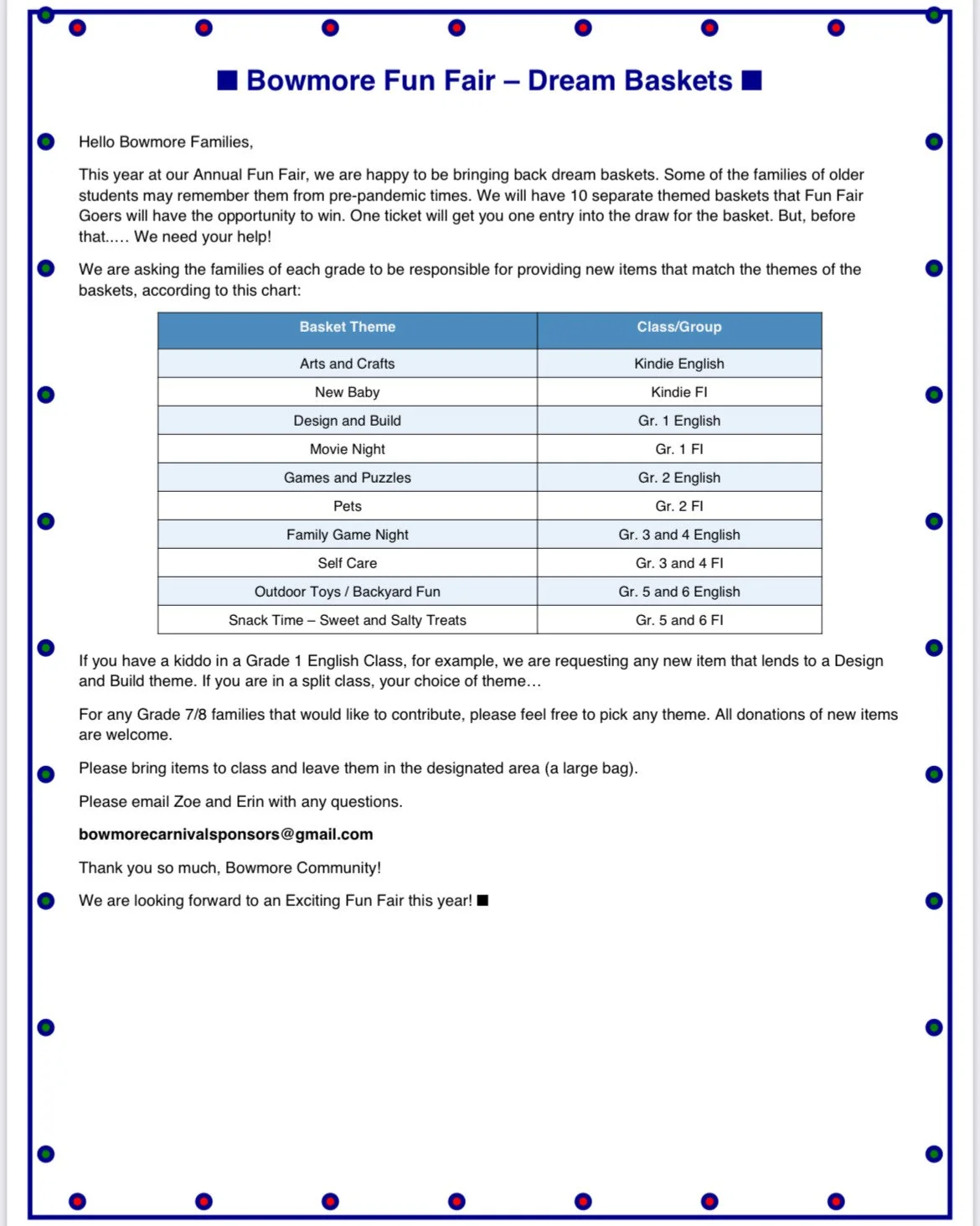 Donations needed!

Our Annual Fun Fair fundraising initiatives need your help! Please take a look at the donation requests - done grade by grade - to contribute to our Dream Baskets

All money raised at the Fun Fair support Bowmore and its students -
