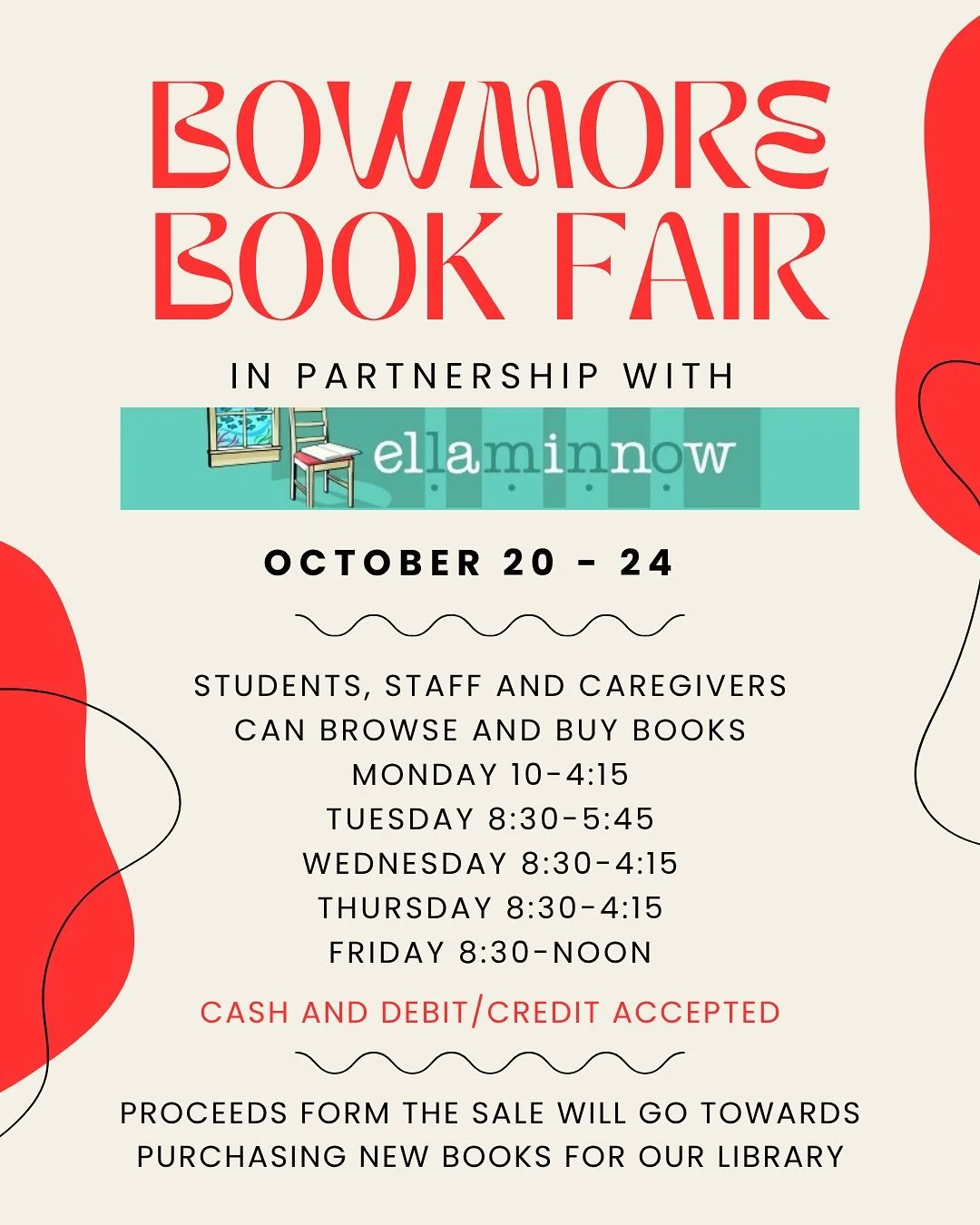 ππ Mark Your Calendars! It’s time to support the Bowmore Library Book Fair ππ 
Ms Jarvis and the library volunteers have been hard at work setting things up and we are ready to go for the sale next week.  Kiddos will have a chance to make w