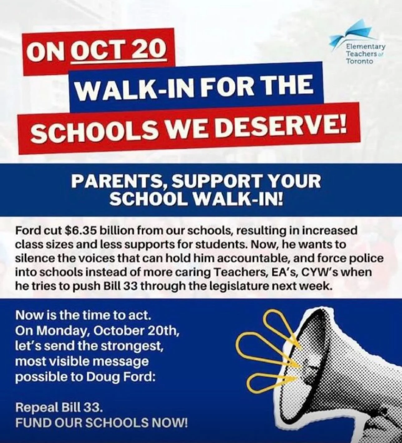 Our Bowmore teachers are takin action on Monday! 
Monday morning (Oct 20) at 8:45am, teachers are meeting at the Fairmount Park splash pad and are walking into school across the field. Parents are welcome to join in, or come and ask questions a