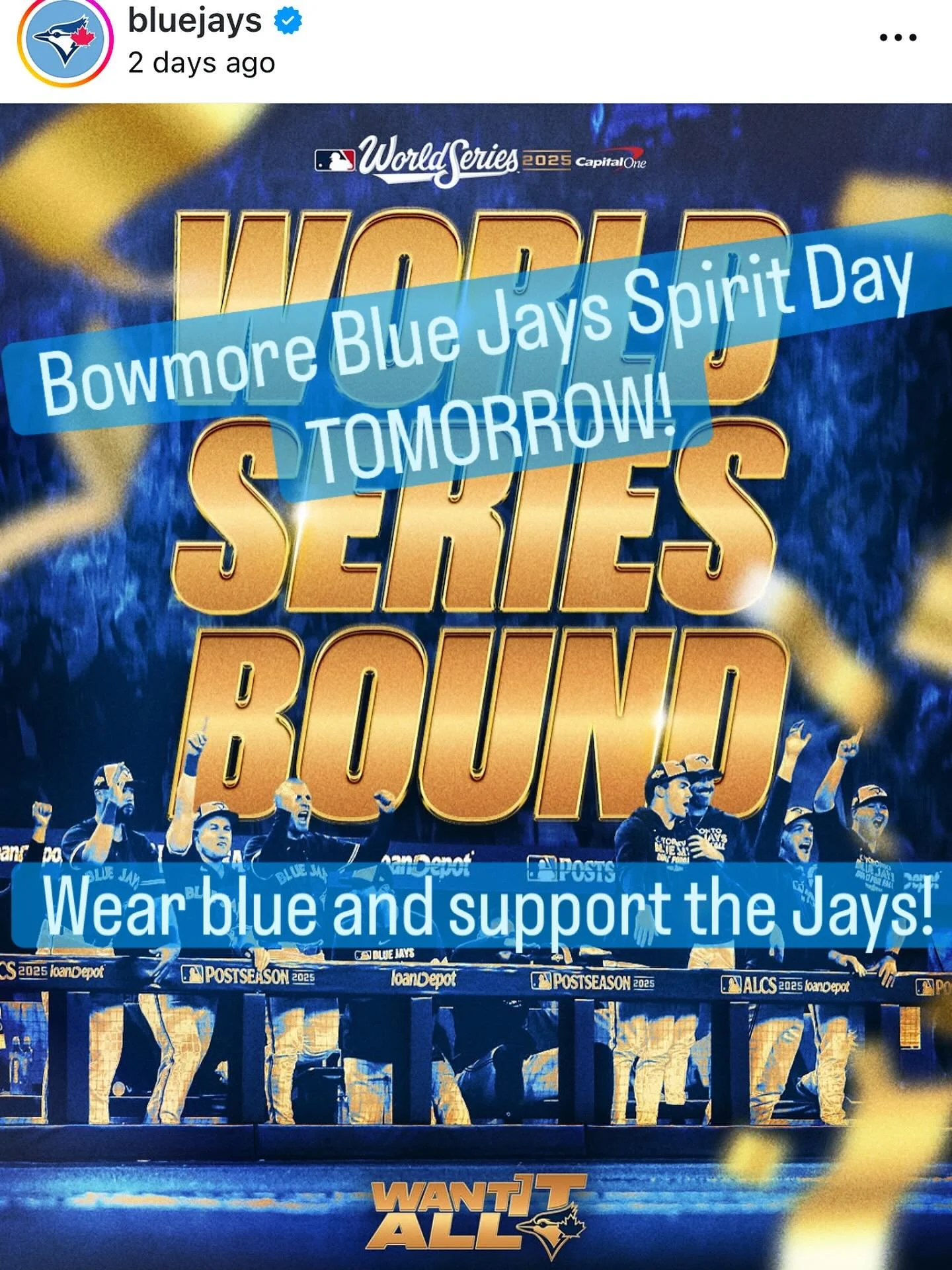 Bowmore Spirit Day tomorrow! πππ Wear blue and support the Blue Jays!