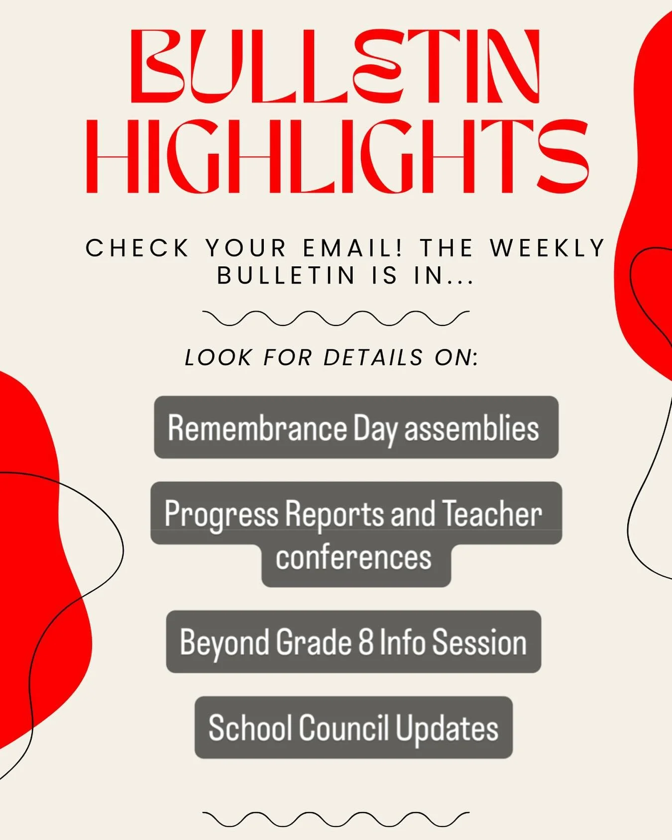 Check your email &hellip; the bulletin is on!
Lots to learn about the school. Progress reports and teacher meetings are *thjs week*. Next School Council meeting is next week. RSVP now!