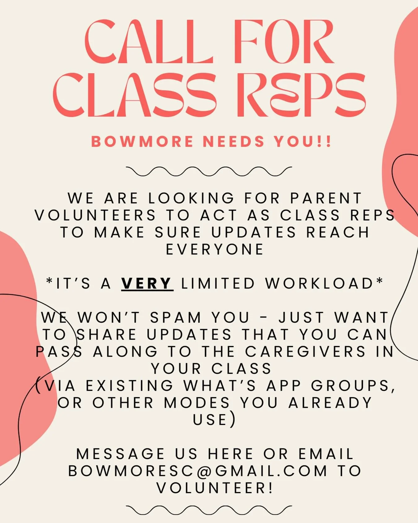 We&rsquo;re always trying to make sure we get the message out&hellip; and you can help!! We are hoping to get a class representative for each class at Bowmore. Very light work load - just passing on a few important messages via your existing messagin
