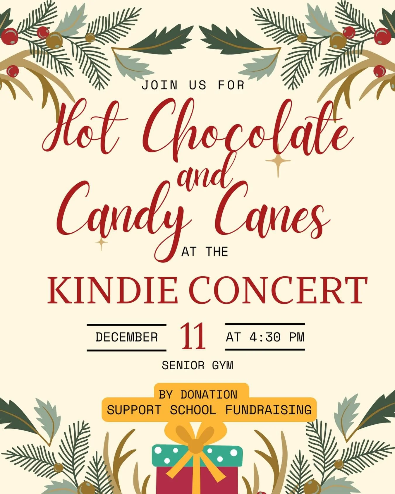 Looking forward to seeing kindie parents at the holiday concert next week! 🎁 School Council will have hot chocolate and candy canes available by donation (with all proceeds supporting School Council initiatives at Bowmore)&hellip; warm your tummy al