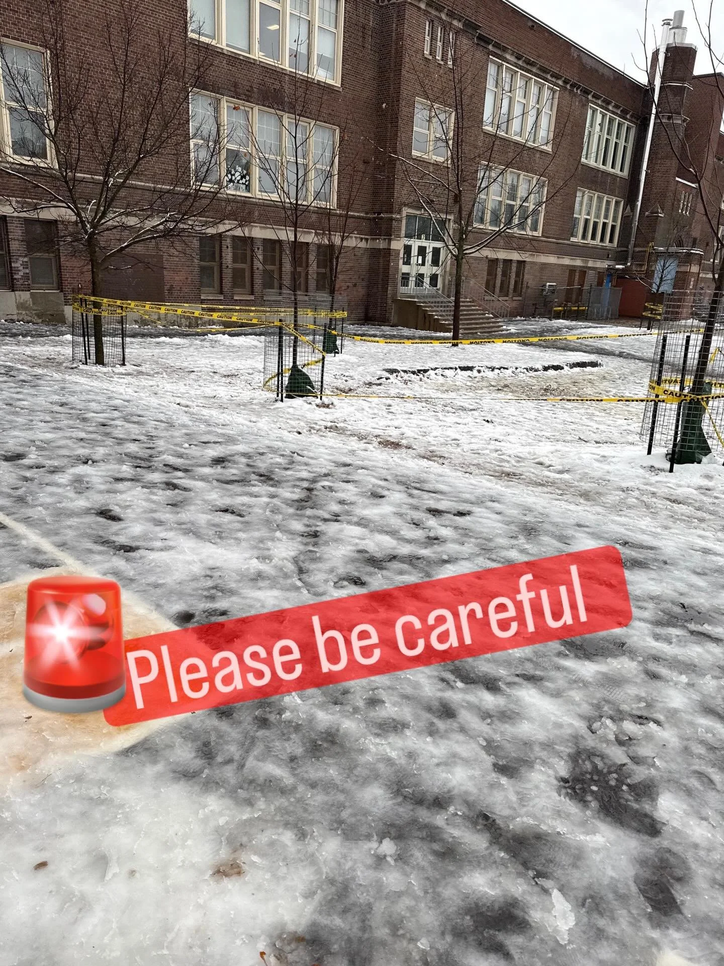 🚨🚨WARNING 🚨🚨 please be aware (and remind your kids to similarly be vigilant). We&rsquo;ve had a report from a parent that there are dangers with the fences around the trees in the back pavement area with *very sharp* protruding pieces of metal on