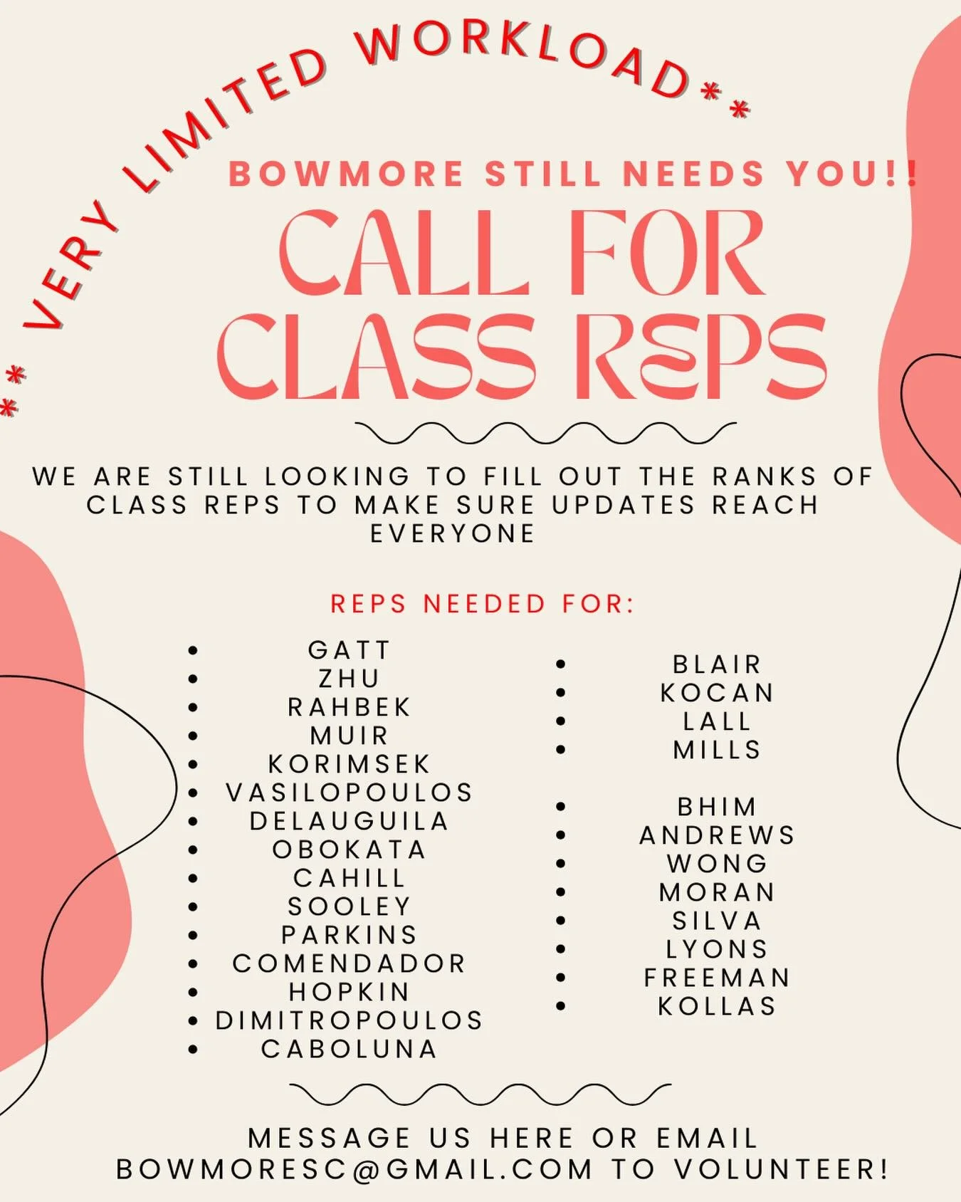 We&rsquo;re still looking for volunteers to fill out the Class Rep ranks. If you see your kiddos teacher listed *please* consider reaching out to volunteer.  We won&rsquo;t spam you, we promise!!