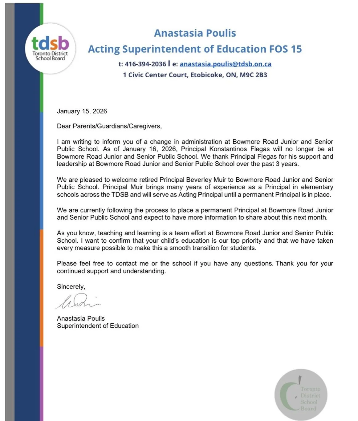 Bowmore families - you should have received an email from Superintendent Poulis flagging an immediate leadership change at Bowmore.  We&rsquo;ll keep you in the loop here as we learn anything but in the meantime welcome Acting-Principal Muir to Bowmo