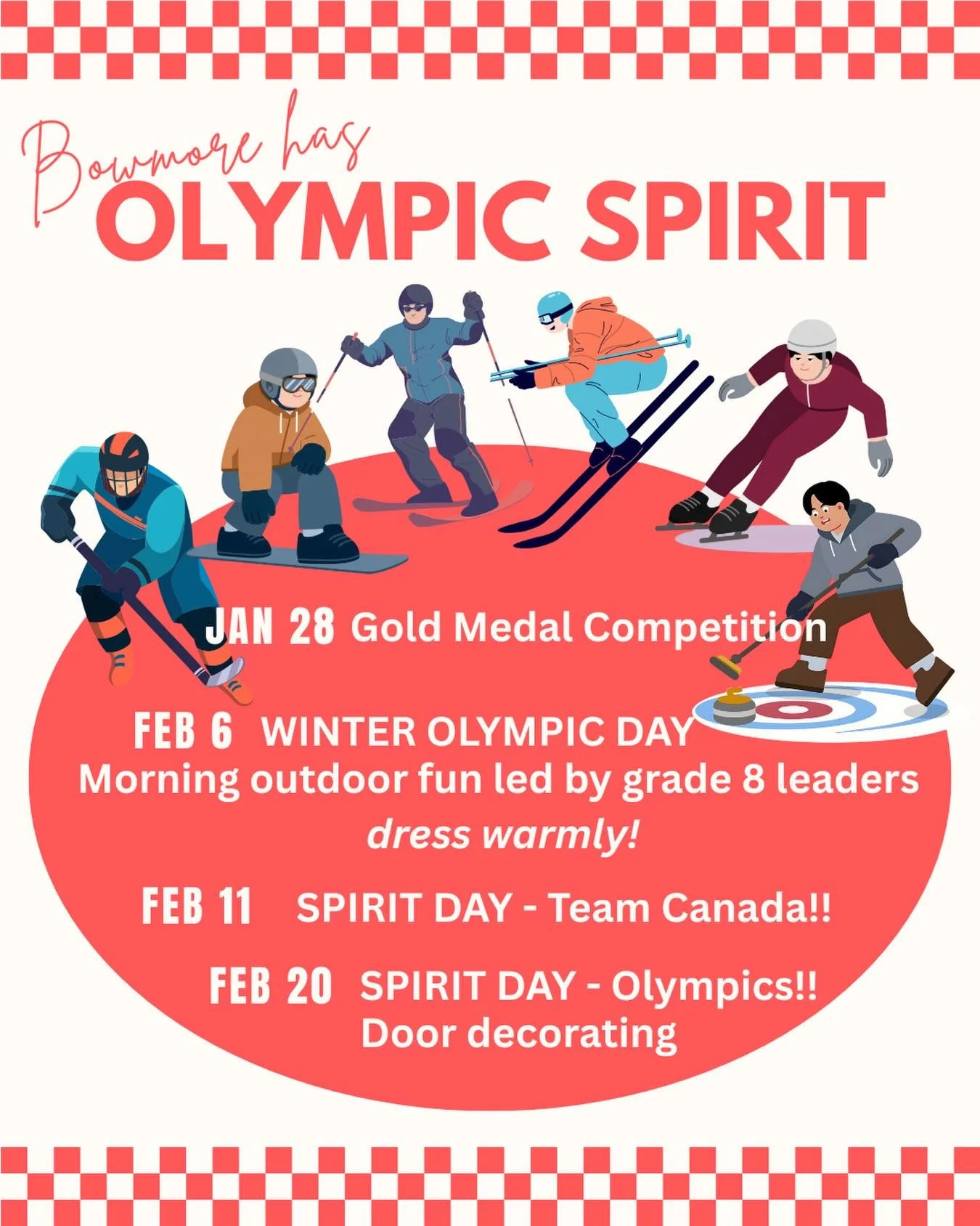 The Winter Olympics are coming to Bowmore! Our Winter Olympic committee has been busy planning a fun filled month of activities to celebrate this year&rsquo;s Winter Olympics. Every classroom has been assigned a Canadian athlete, a participating coun