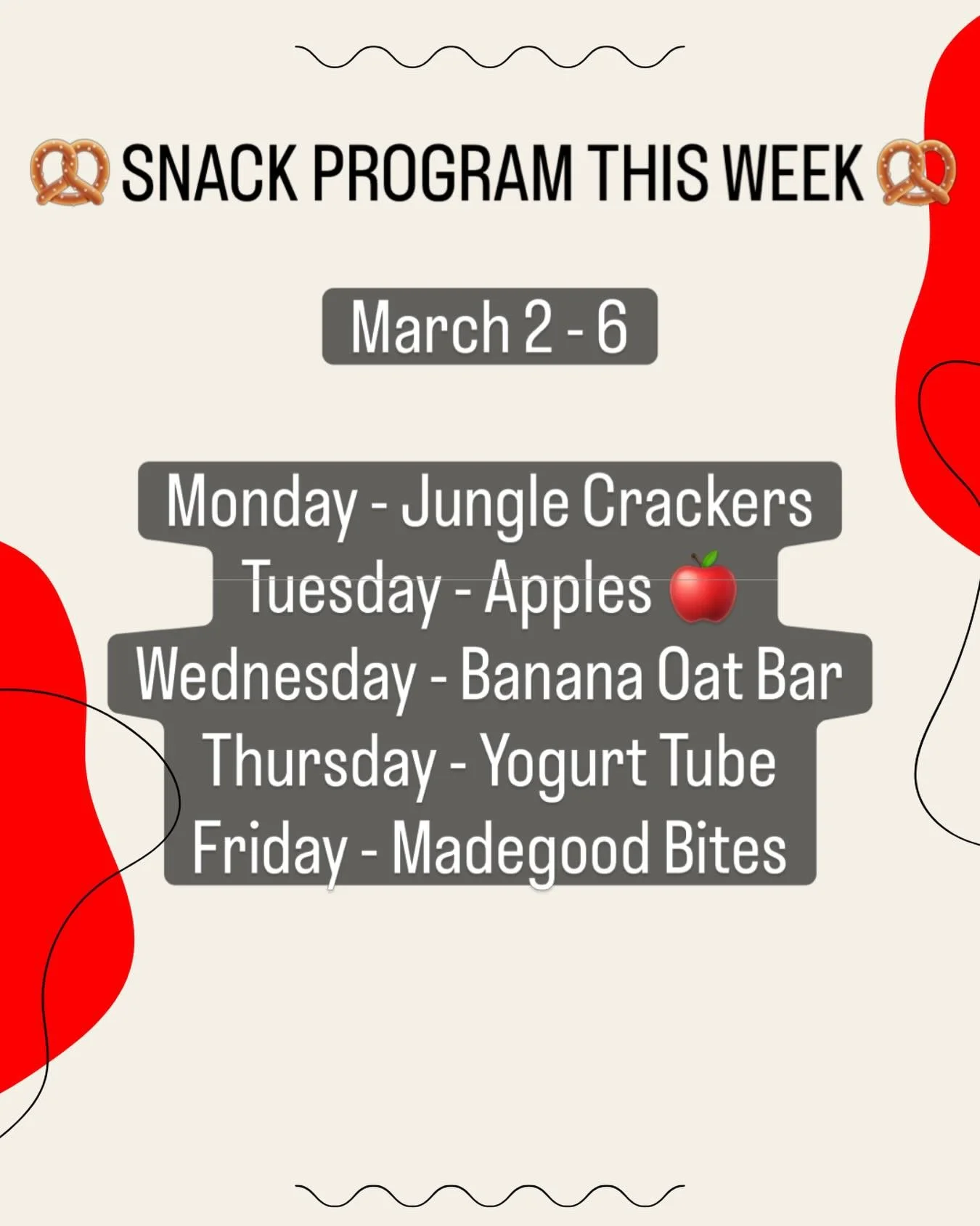 Thanks to the nutrition team for a delicious week of snacks!