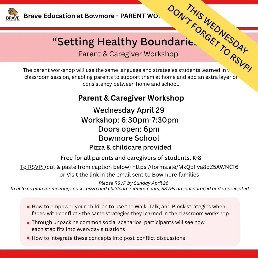 Mark your calendars - this Wednesday is the parent and caregiver Brave workshop. Please RSVP and attend if you can - having the lessons reiterated at home is the best way for the training received by all kids to solidify! Link in stories to RSVP.