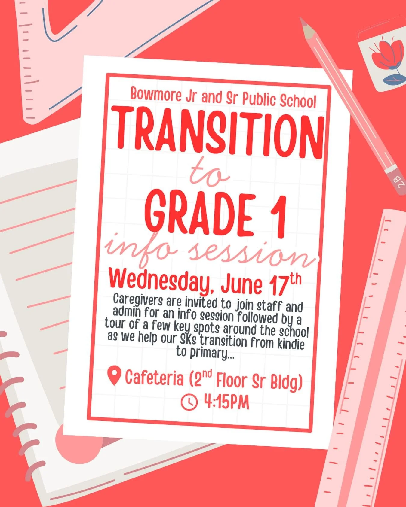 Is your SK getting ready for grade one next year? Staff and admin are hosting an info session to help with the transition and tour of some key spaces at the school&hellip;