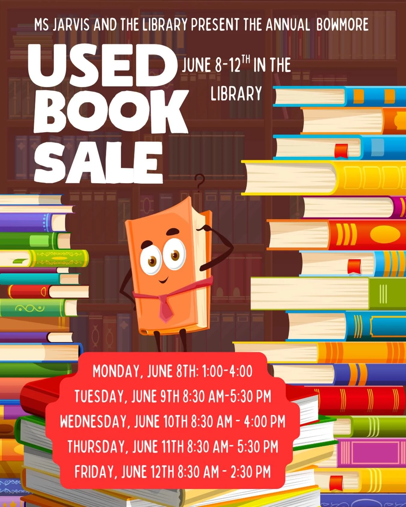 Message from Ms Jarvis about the Bowmore Used Book Sale:
 📚This is a CASH ONLY event. Get some great books, games and puzzles at fantastic prices. All funds raised go directly back to the library. 
We are still accepting donations of used books, gam