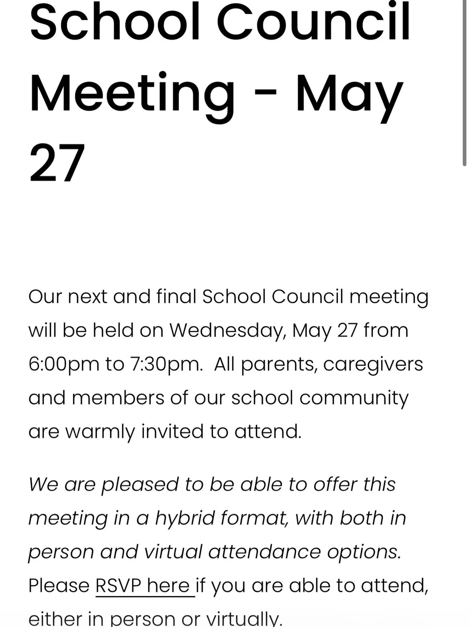 Hello Bowmore Families,
 
A reminder that our last School Council meeting of the year is on Wednesday, May 27, 2026.  Please join us as we wrap up the year and look ahead to planning for the 2026-27 school year!
 
Doors will open at 5:30pm for pizza,