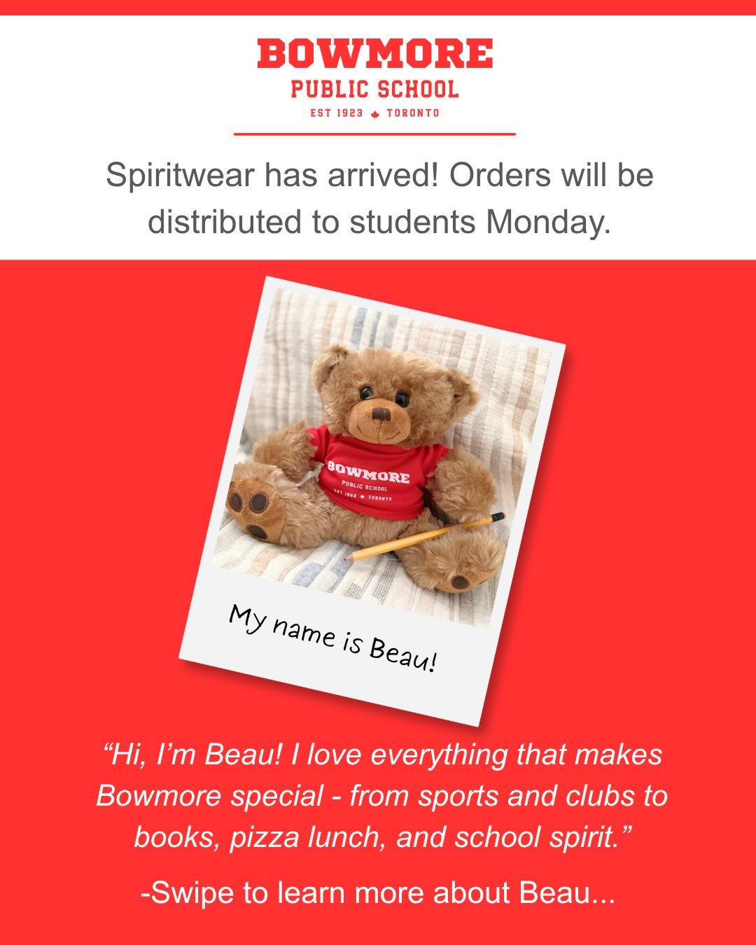 Spirit wear has arrived!! Meet Beau - the latest addition to the Bowmore family&hellip; and swipe for more details on spirit wear.  We&rsquo;ll have a few items for sale at the kindie orientation if you missed out on the pre-order!