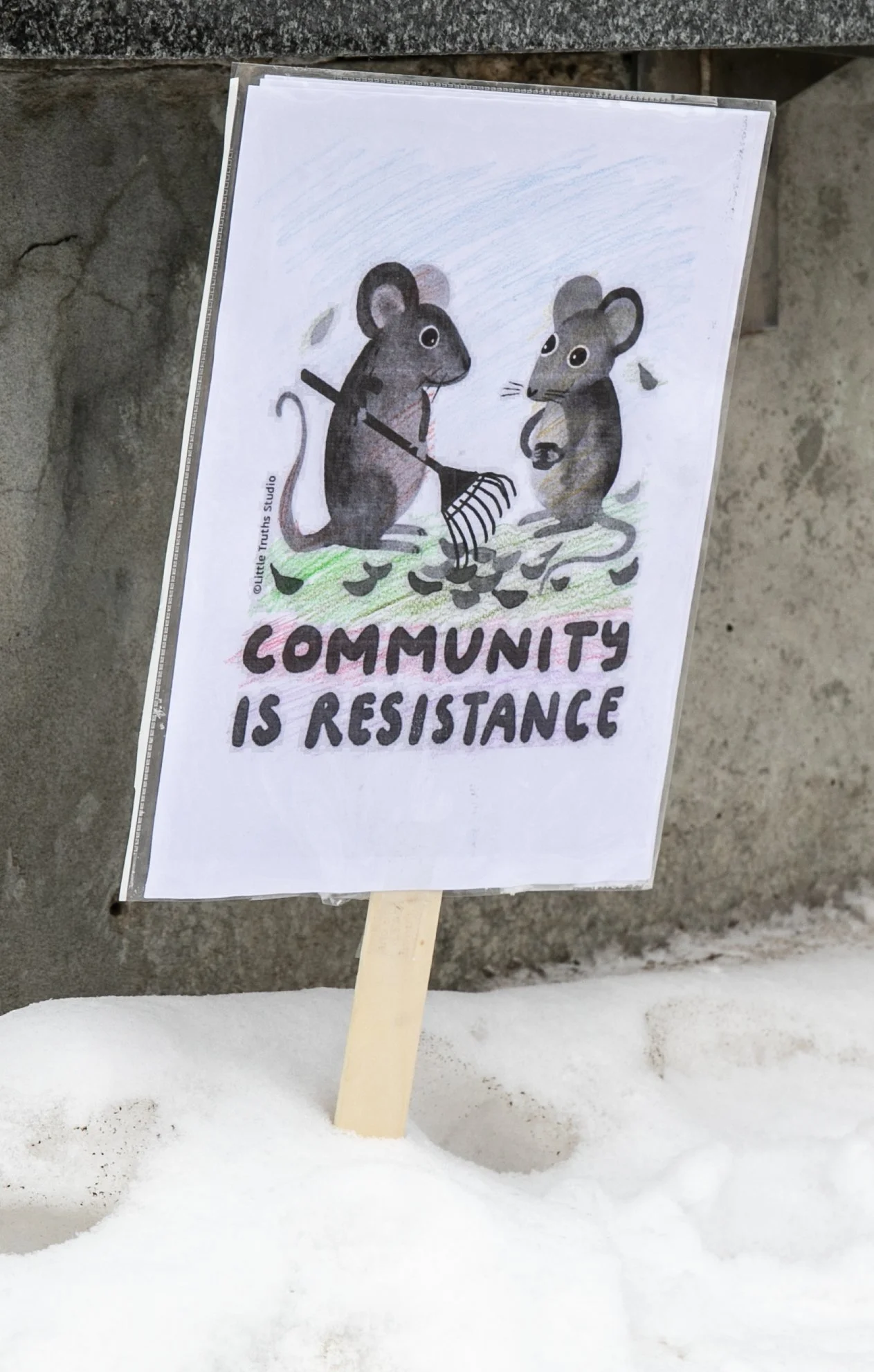 A protest sign with a drawing of two mice, one holding a rake, and the text 'Community is Resistance', placed in snow against a concrete wall.