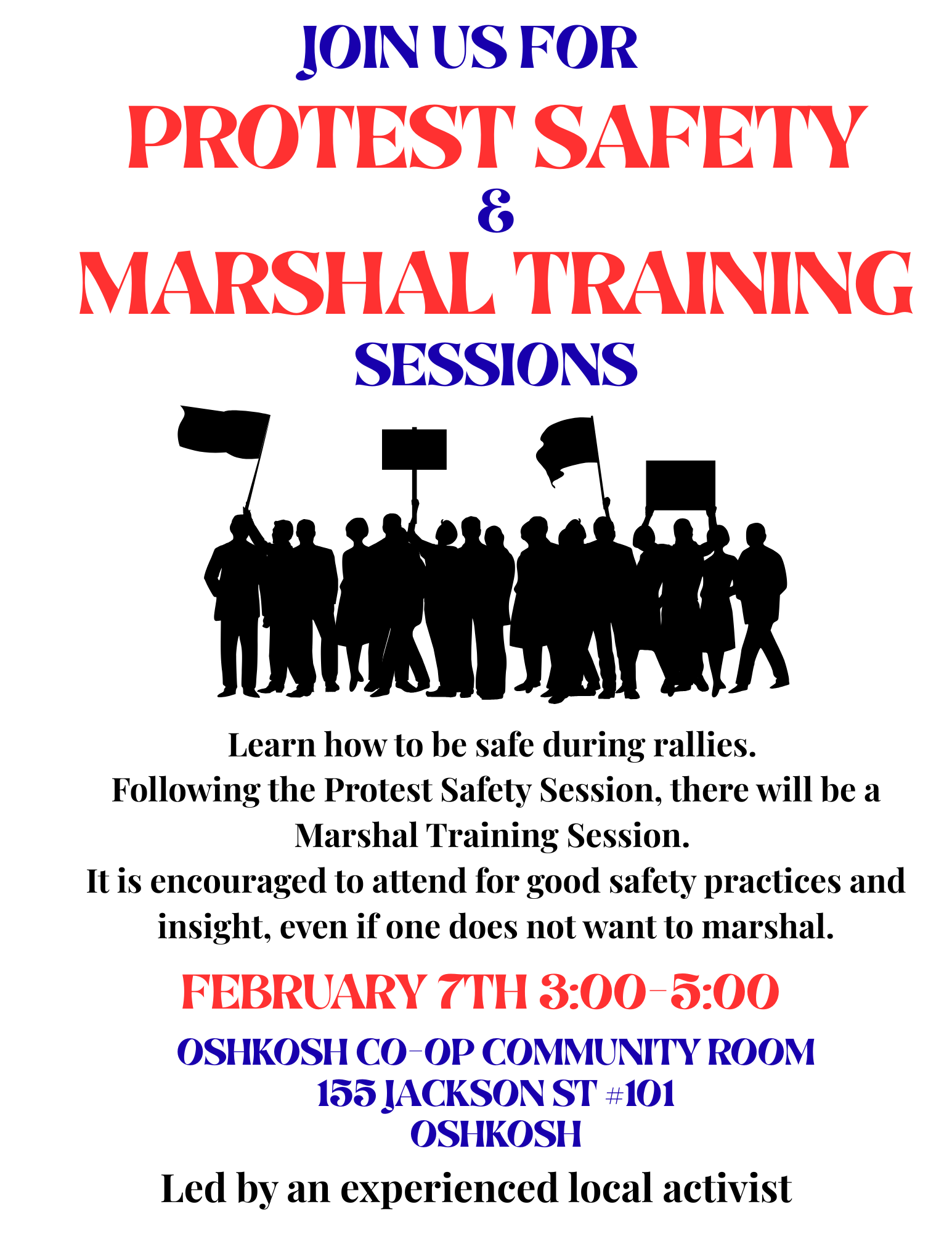 Poster inviting people to join protest safety and marshal training sessions on February 7th from 3:00 to 5:00 pm at the Oshkosh co-op community room, with details about the event and a silhouette of protesters holding flags.