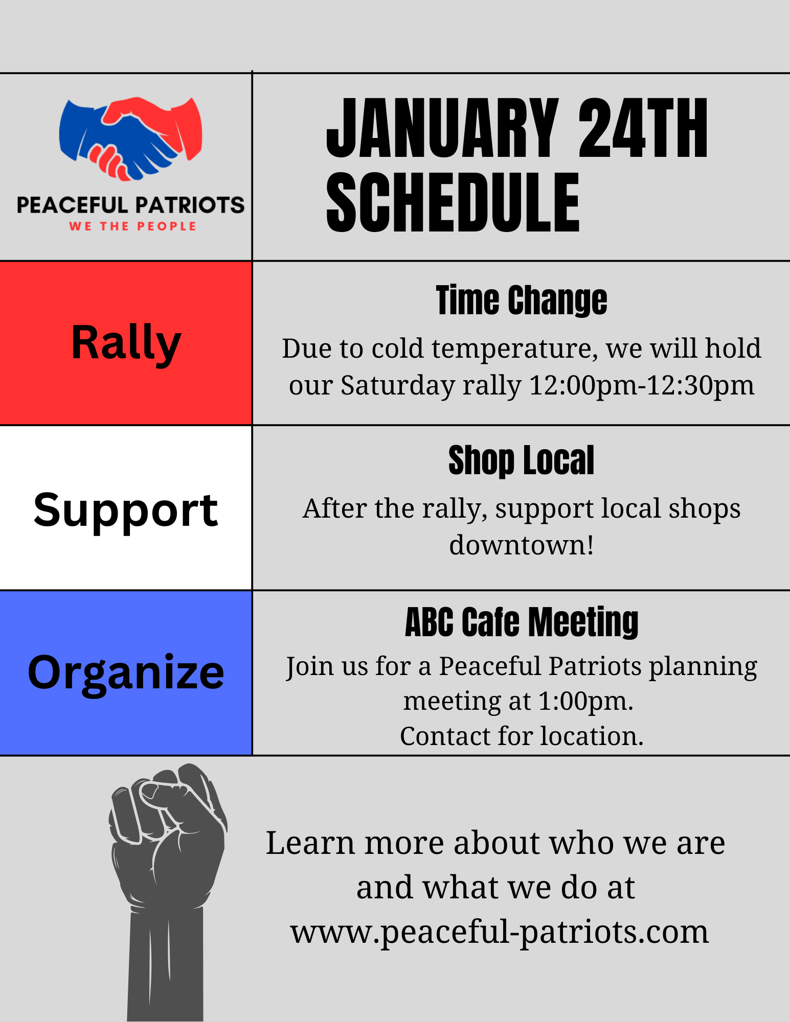 Schedule poster for Peaceful Patriots event on January 24th. It includes a logo of two shaking hands in red and blue, and a red, white, and blue theme. Key details about the rally's time change, local shopping support, and a planning meeting at ABC C
