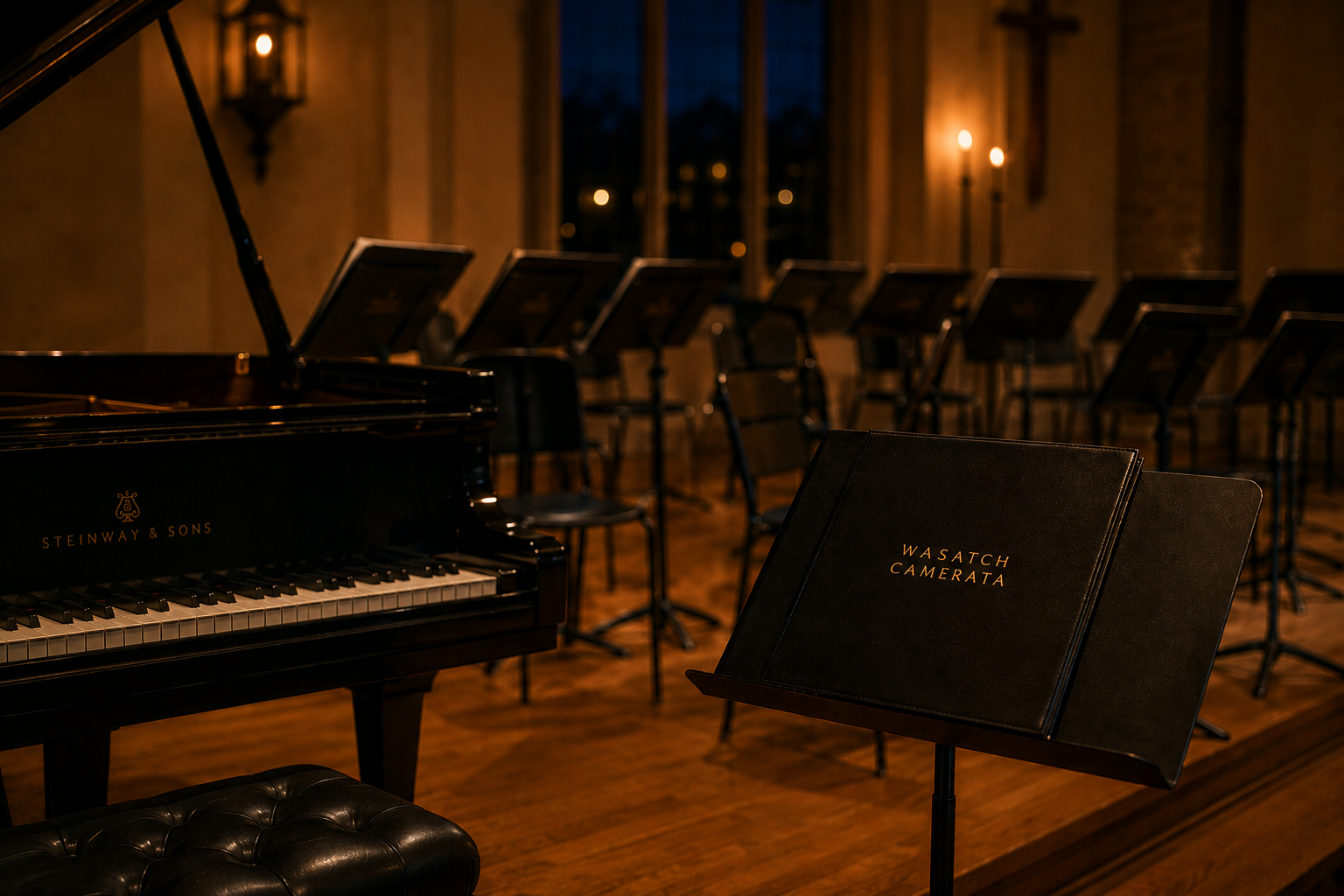 Music room with a Steinway & Sons grand piano, music stands, and a music binder labeled 'Wasatch Camerata' on a stand, in a dimly lit room with wooden floors and large windows.