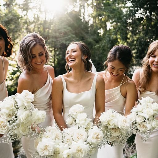 Bride and bridesmaids smiling and holding bouquets outdoors.