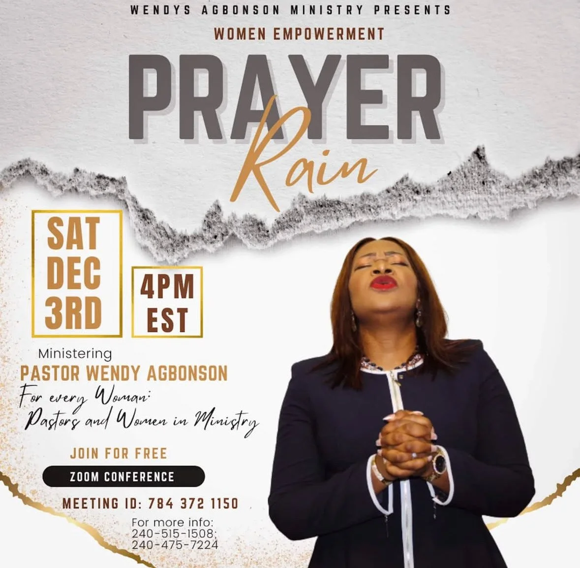 Flyer for a women's empowerment prayer event on December 3rd at 4 PM EST, featuring ministering by Pastor Wendy Agbonson. Includes a Zoom conference meeting ID and phone numbers for additional information. Background shows a woman praying.