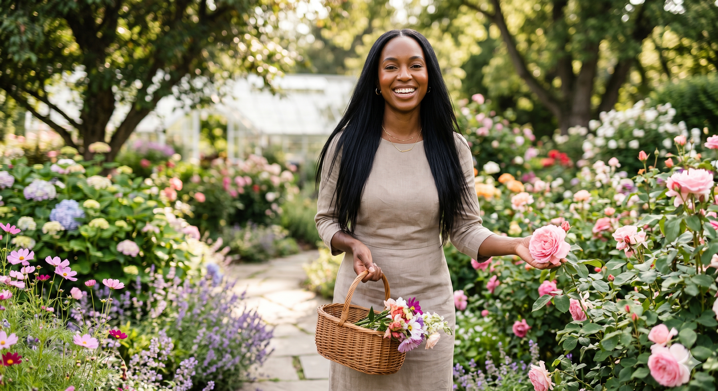 A woman smiling and holding a basket of flowers in a garden with colorful blooming flowers and green trees.
