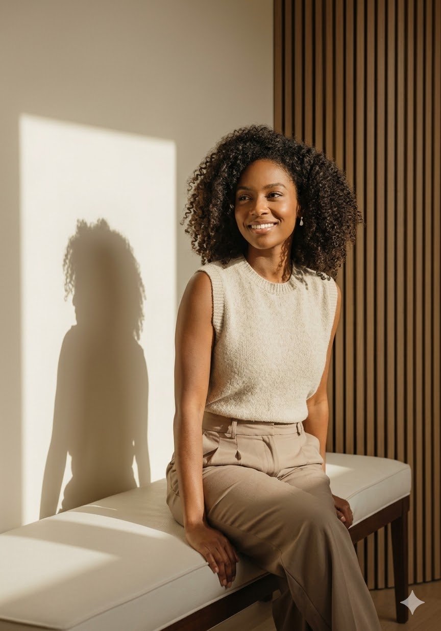 A woman with curly hair sitting on a cream-colored bench in a modern room. Sunlight creates a shadow of her on the wall behind her, with a wooden-slatted wall as a background.