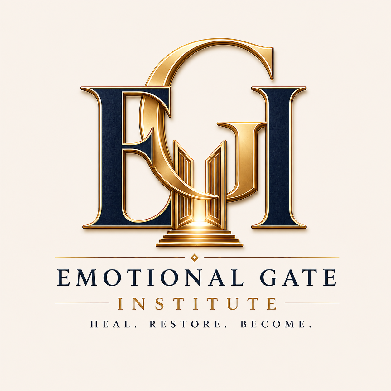 Logo for Emotional Gate Institute with gold and navy blue design, featuring a stylized gate and the tagline 'Heal. Restore. Become.'