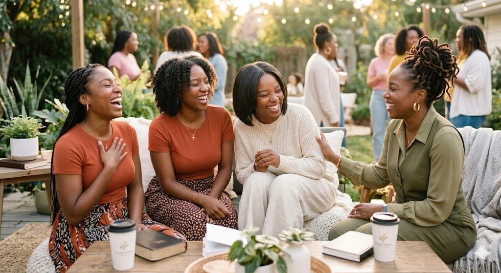 Four women sitting together outdoors, laughing and chatting, with a group of people in the background at a garden gathering.