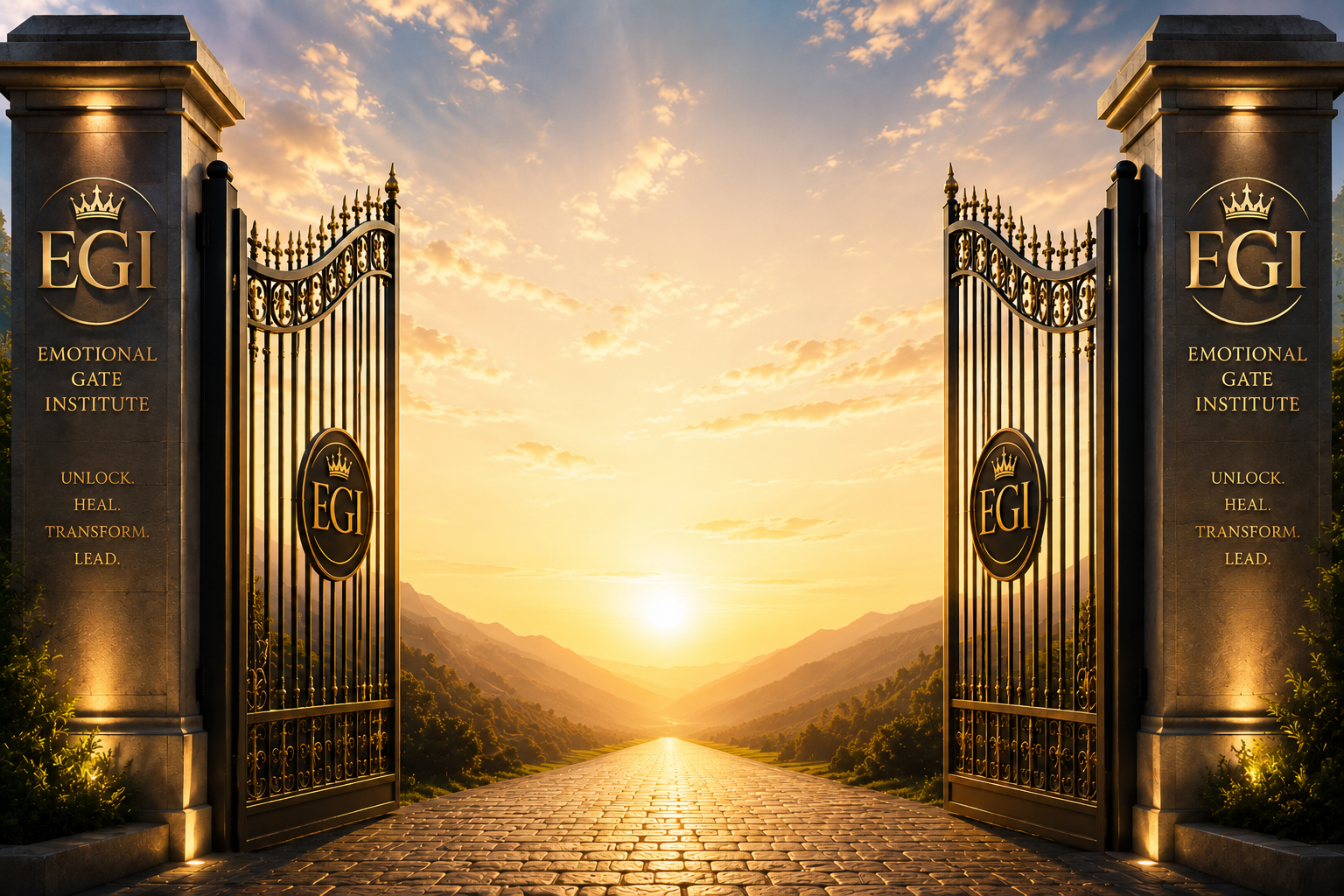 Open wrought iron gates leading to a scenic mountain valley at sunrise, with sunlight illuminating the path and surrounding landscape, signifying an institute called 'Emotional Gate Institute'.