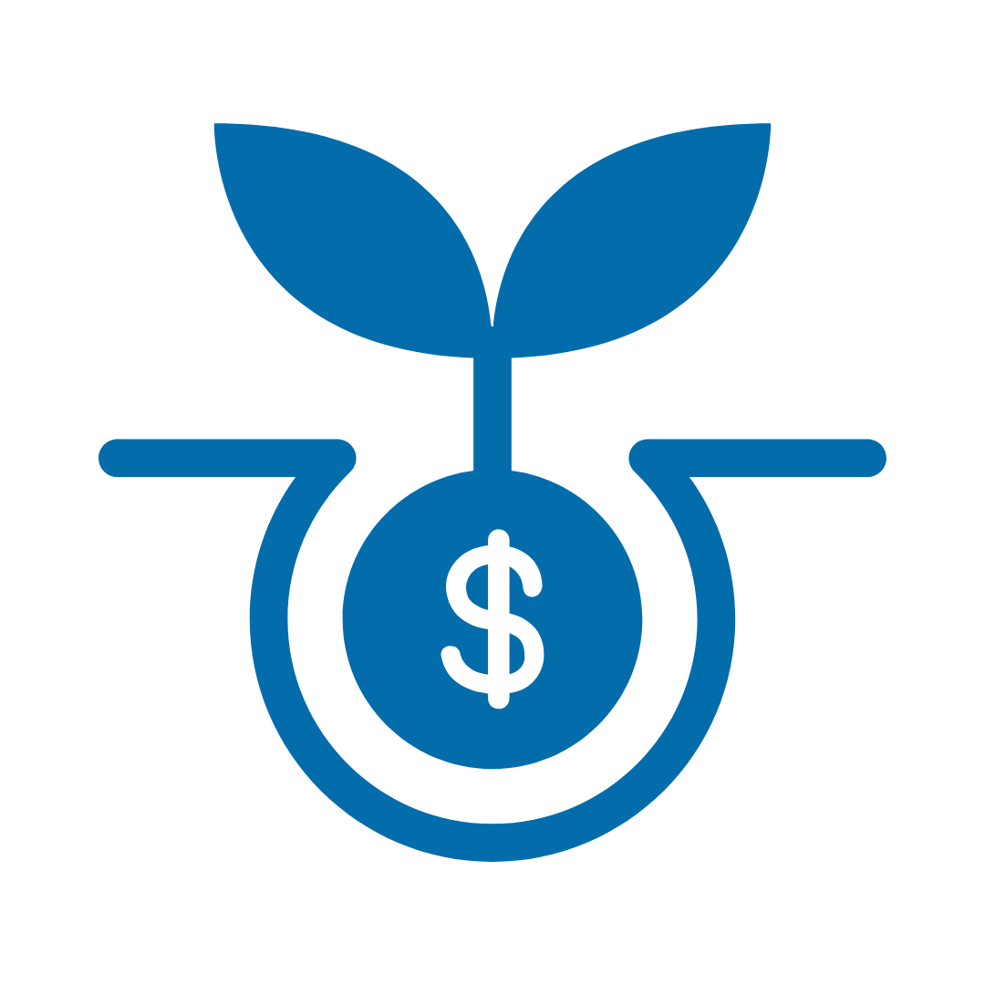 A blue icon of a plant growing from a dollar sign enclosed in a circle, symbolizing financial growth or investment.
