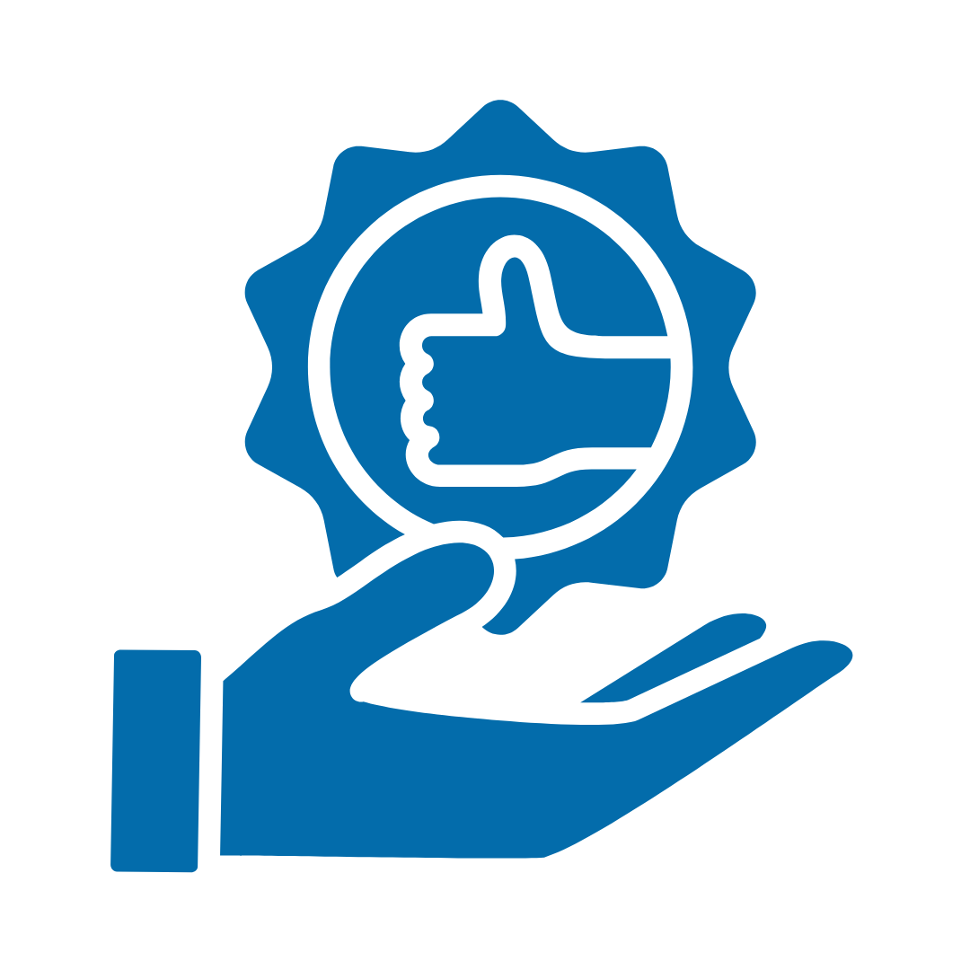 Hand holding a badge with a thumbs-up icon inside a circle, symbolizing approval or quality.
