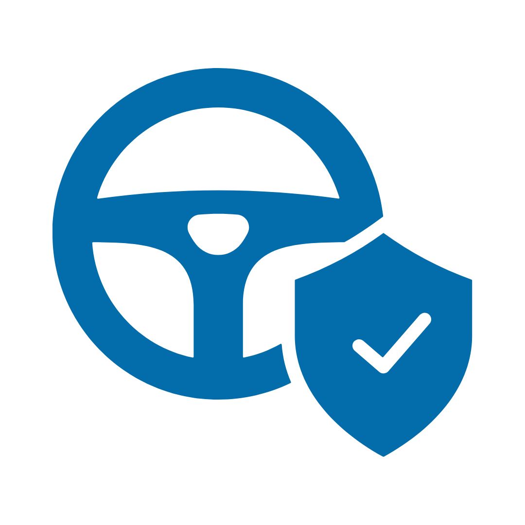 Icon of a steering wheel with a shield that has a check mark, indicating verified or secure vehicle operation.