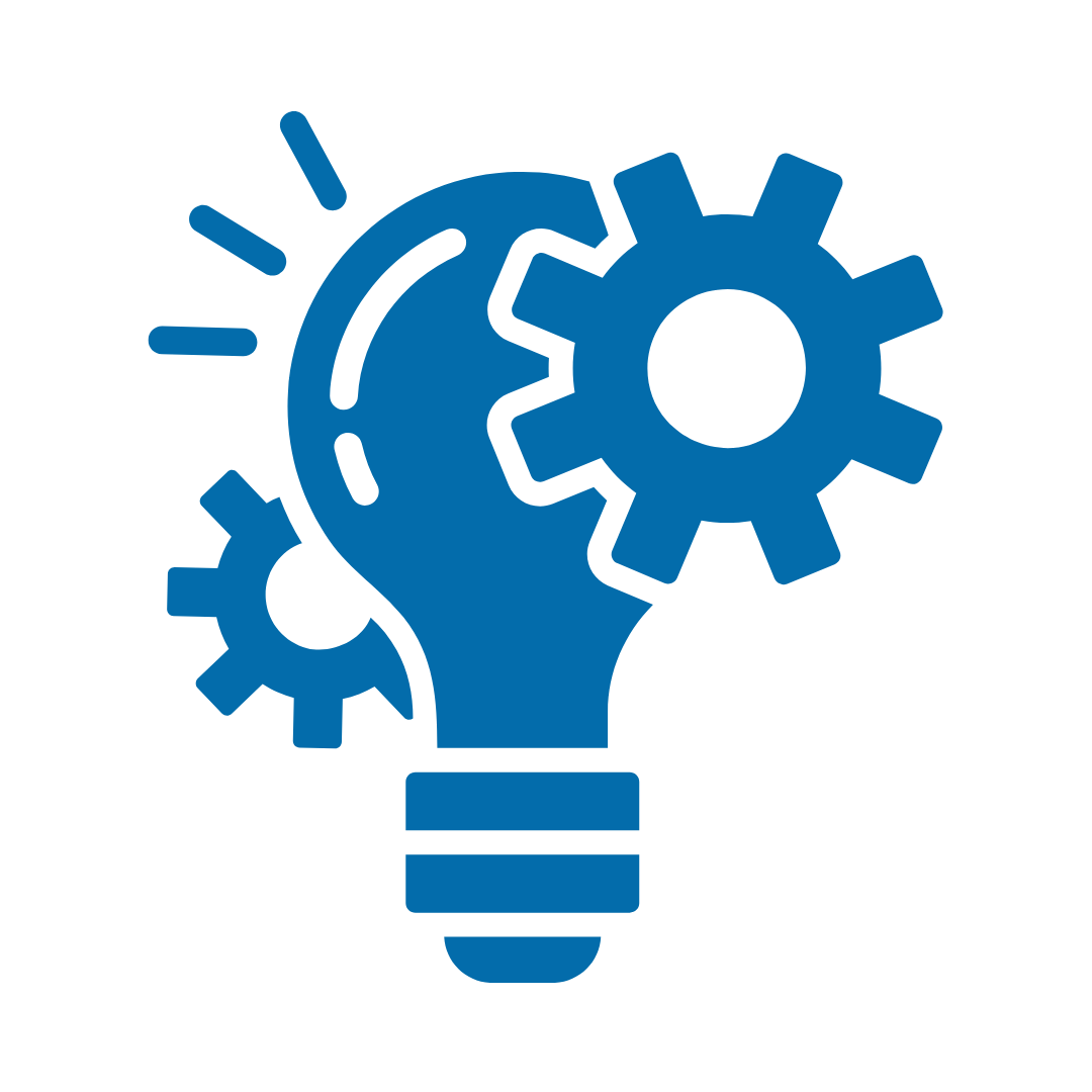Blue icon of a light bulb with gears inside, representing innovation or ideas.