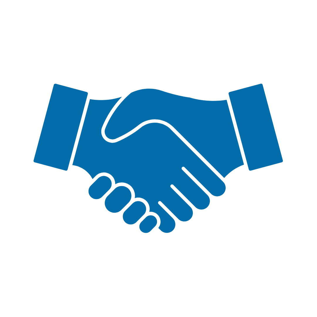 Blue icon of two hands shaking.