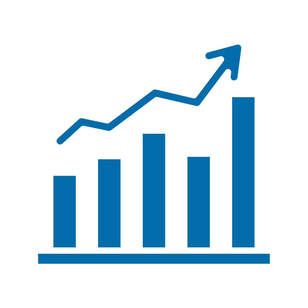 A blue bar chart with an upward trending line graph overlay, representing growth or increase.