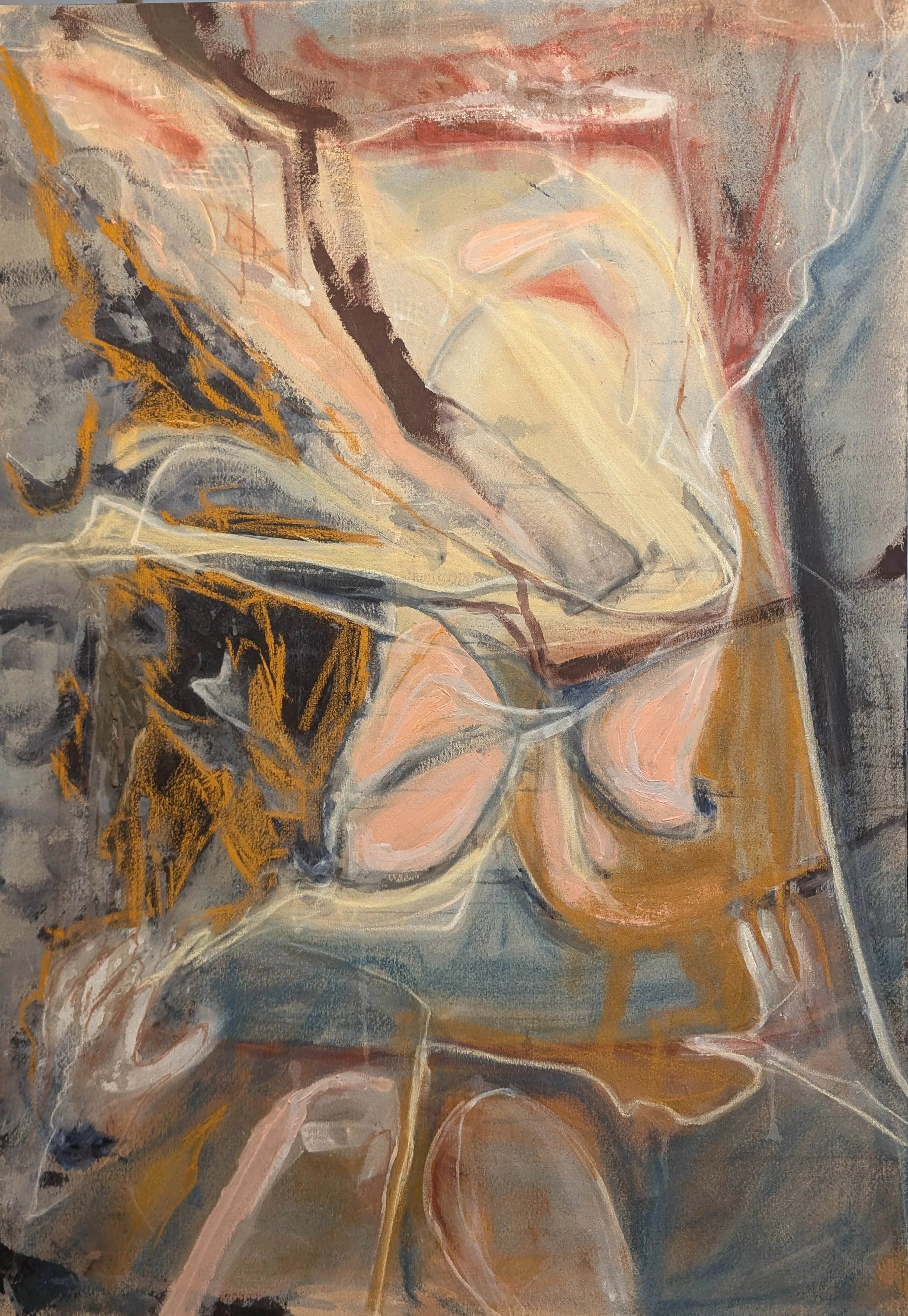 Under Layers, 2025 / acrylic, dry pastel, & cyanotype on canvas / 46 x 30 inches / $485