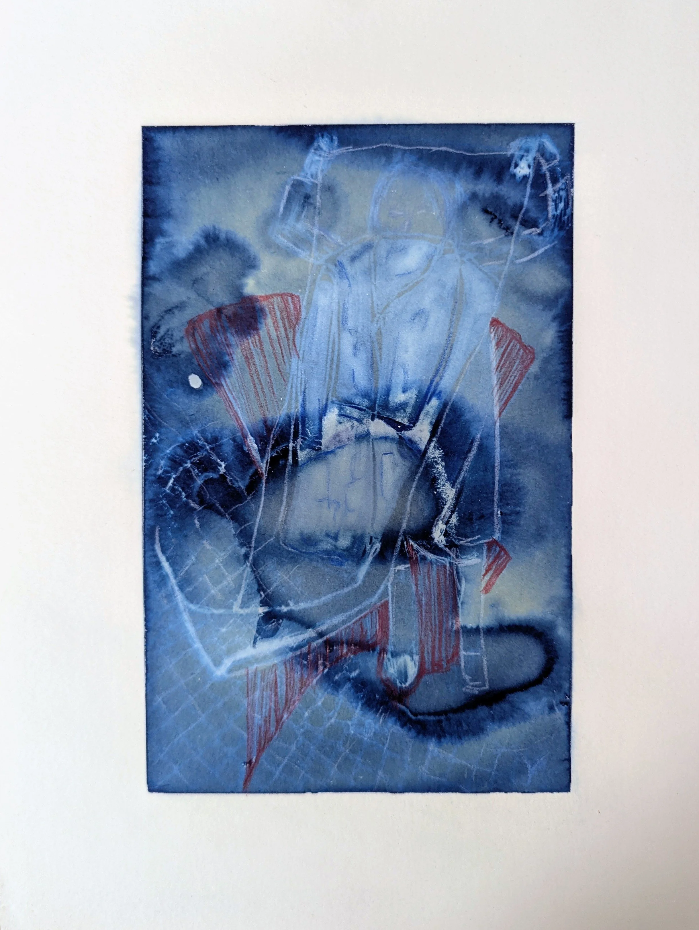 Take Off, 2026 / cyanotype, acrylic, & colored pencil on paper / 12 x 9 inches / $100 framed