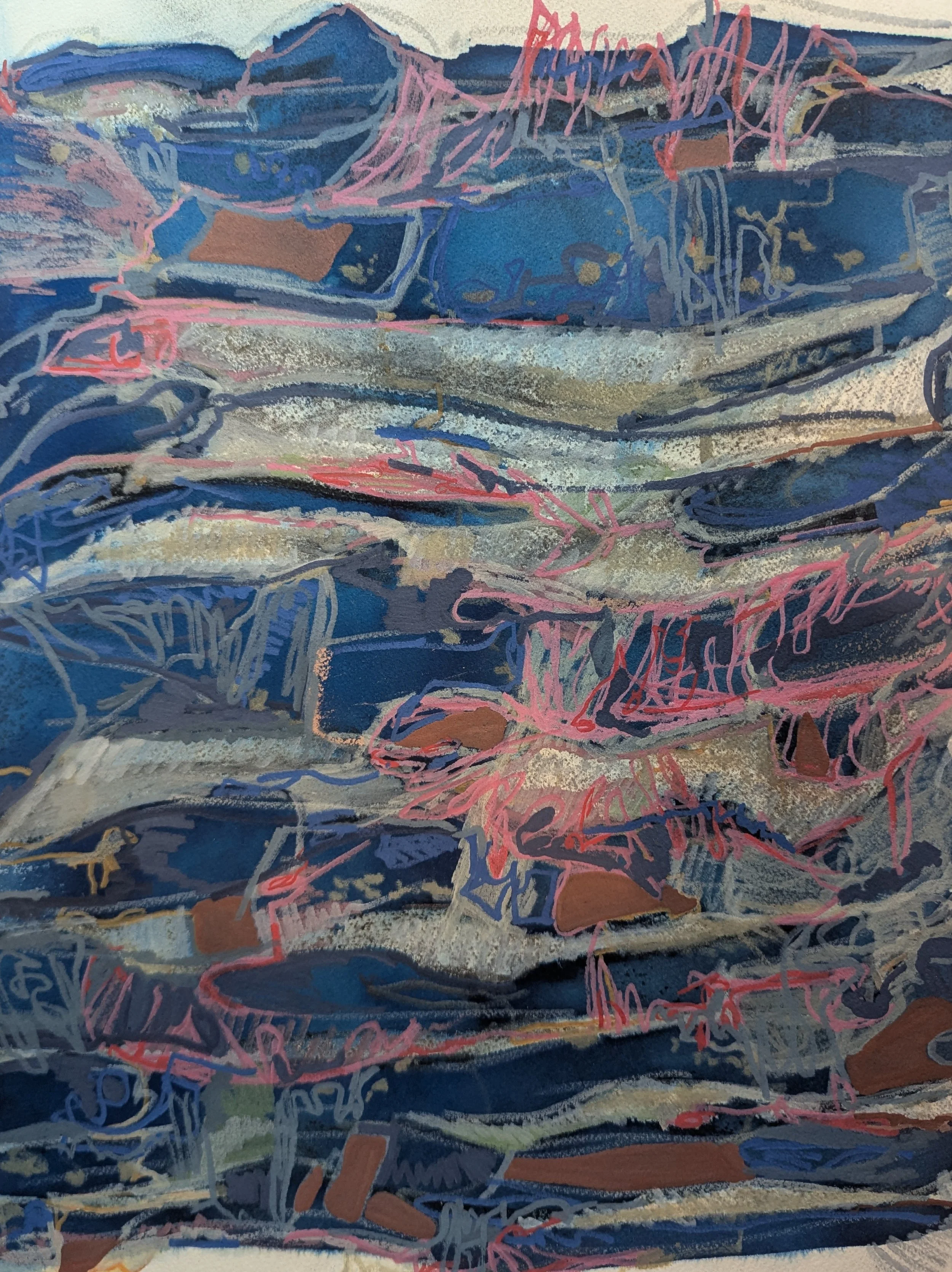 Neah Bay, 2025 / cyanotype, acrylic & charcoal on paper / 16 x 12 inches / $150 framed
