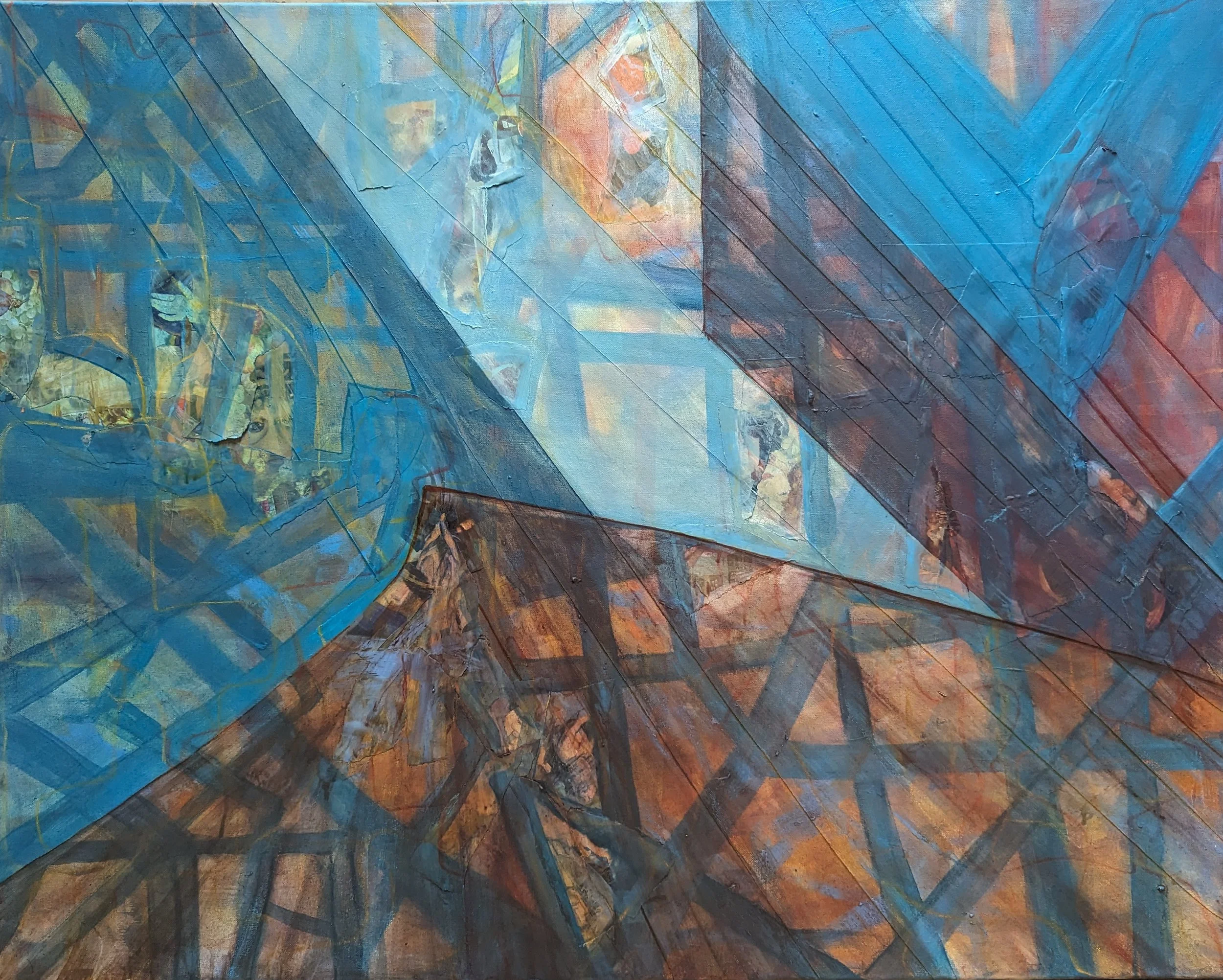 Mountain of Memories, 2024 / acrylic, collage, thread, dry pastel on canvas / 30" x 40" / $450