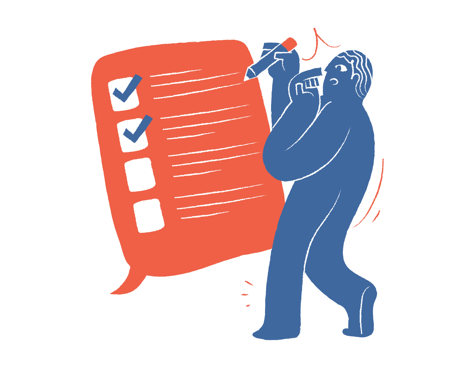 Illustration of a person holding a large checklist with three checked boxes, and a speech bubble