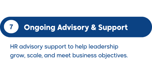 Slide titled 'Ongoing Advisory & Support' with a subtitle about HR advisory support for leadership growth and business objectives.