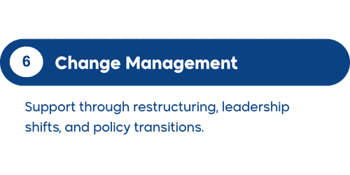 Section titled '6 Change Management' with text about support through restructuring, leadership shifts, and policy transitions.