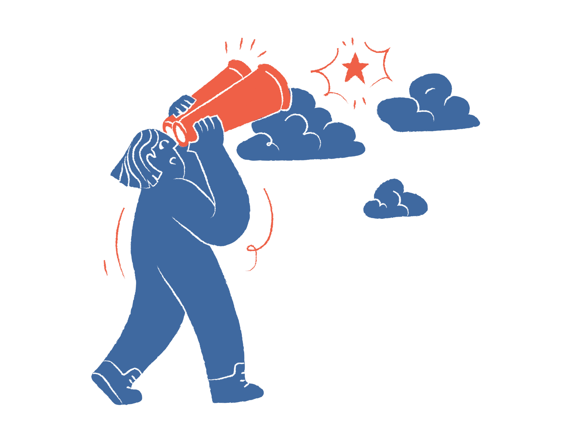 Illustration of a Fractional Human Resources Business Partner looking through binoculars at clouds and a star.
