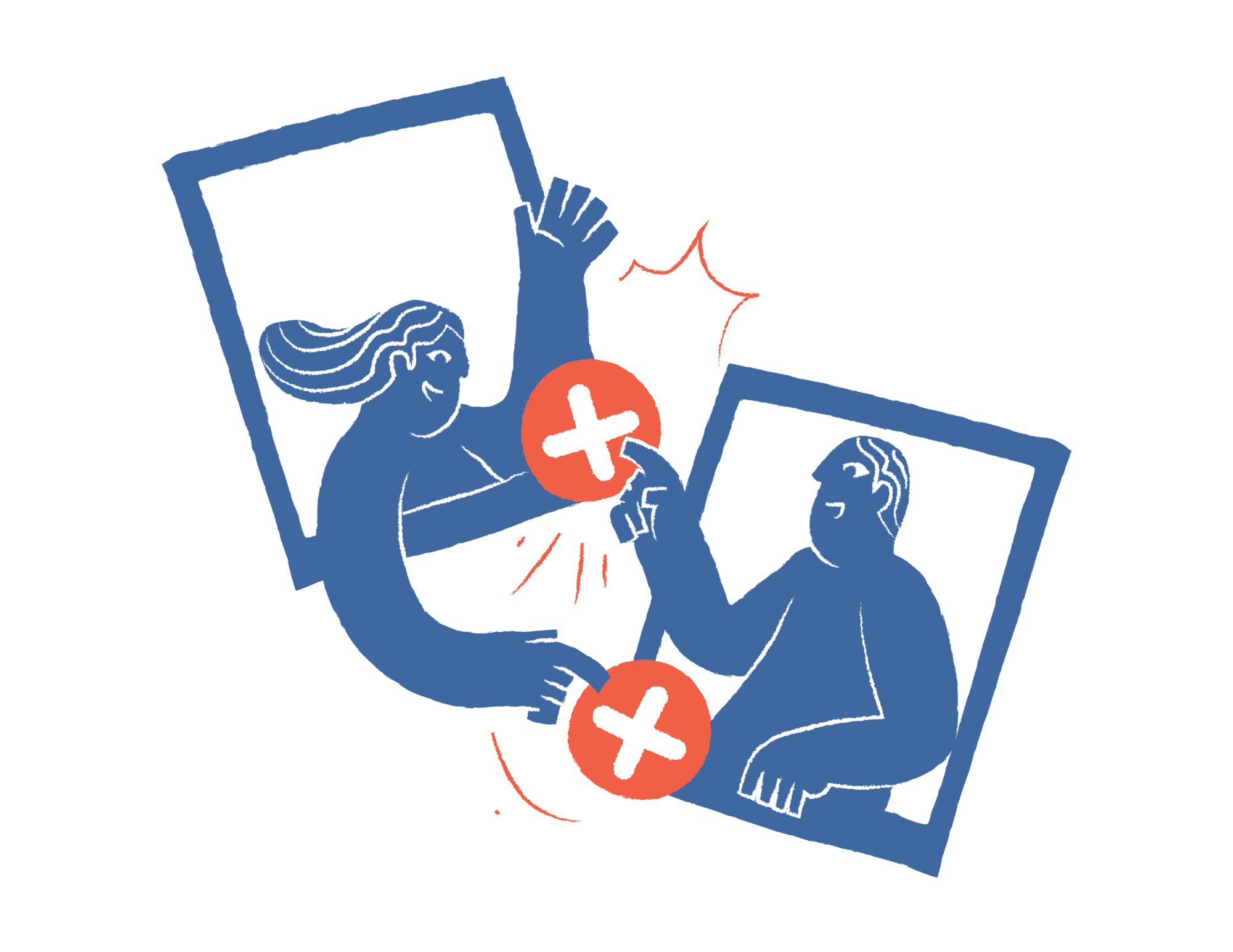 Illustration of a person holding a tablet with their hand raised, and another person looking at the tablet, with arrows pointing to crossed circles, indicating rejection or cancellation.